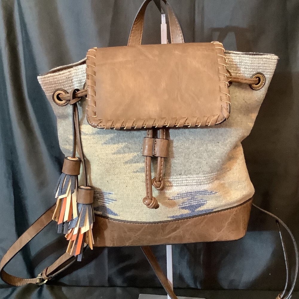 NWT Jen & Co. western gray beige vegan backpack Tassels